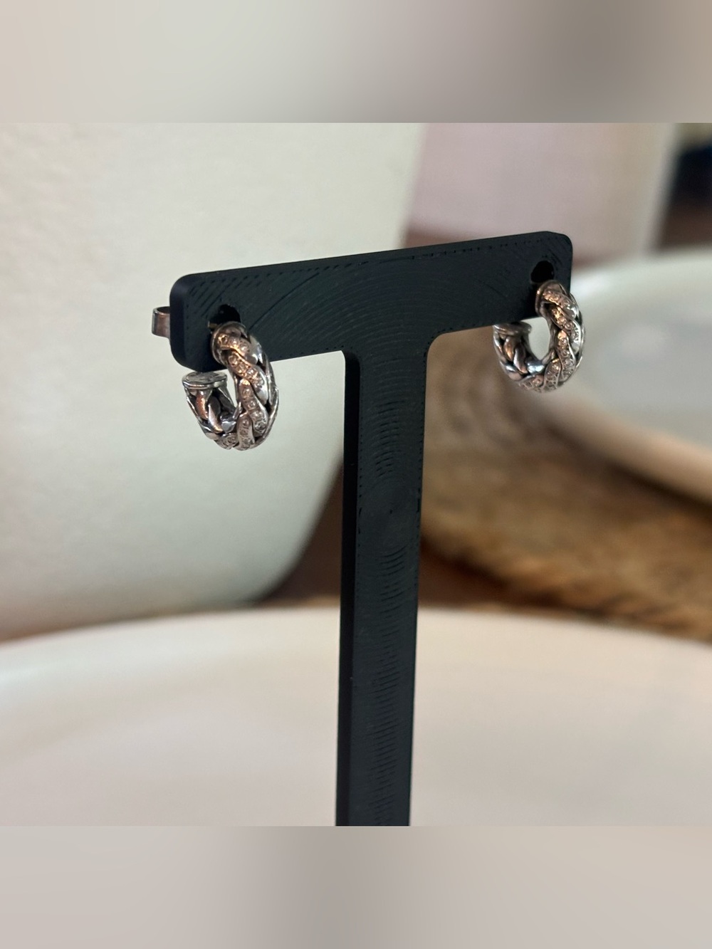 John Hardy 925 Sterling Silver 18K Gold Diamond Classic Chain Huggie Earrings